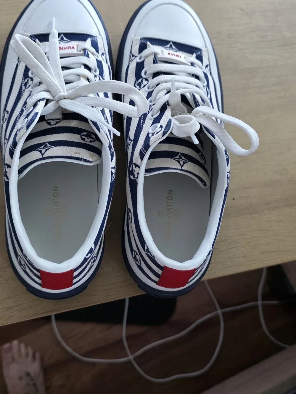 Louis Vuitton Navy White Striped Platform Sneakers With Red On The Back